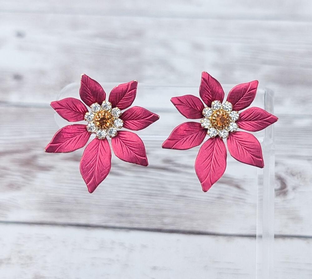 Vintage Stud Earrings Extra Large Red Flower Stunning 1.25"